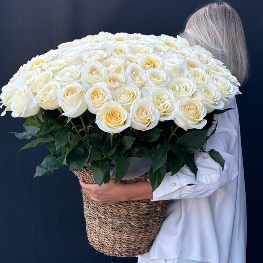 75 White roses in a basket