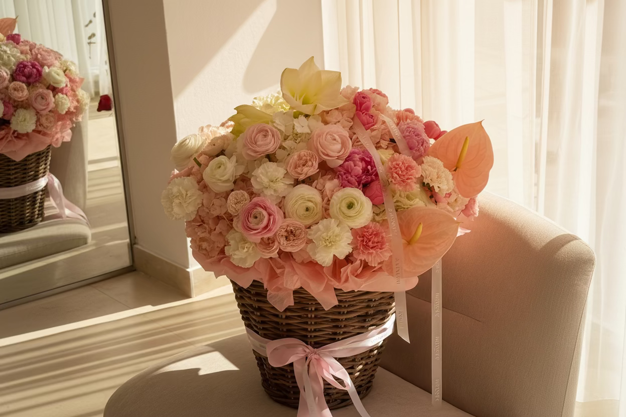 Bouquet of flowers in a basket on a chair by a window